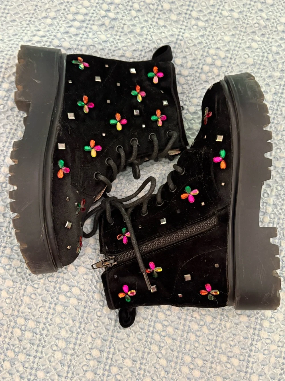 Betsey Johnson Kids Embry Black Velvet Easy On and Off Combat Boots Size 13 M
